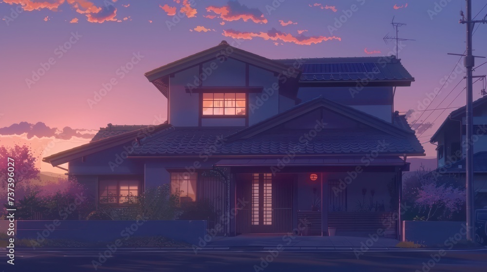 Obraz premium A modern anime featuring a traditional or classic Japanese house seen from the front at sunset
