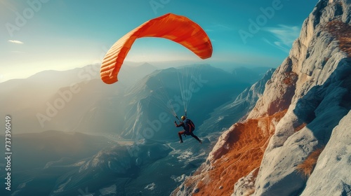Photo of a man with a parachute on a mountain landscape background. AI generated.