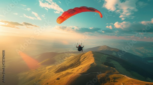 Man with a parachute on a stunning landscape background. AI generated.