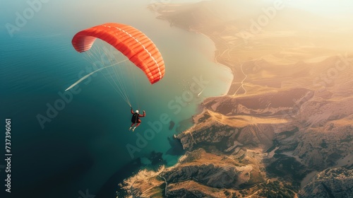 Stunning photo of paragliding on a beautiful landscape background. AI generated.