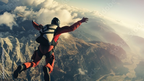 Free fall skydiver on a stunning landscape background. AI generated.