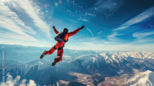 Skydiver diving on stunning mountains background. AI generated.