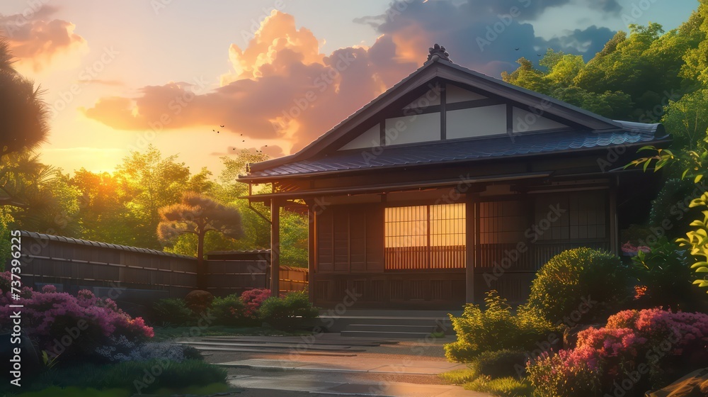 A modern anime featuring a traditional or classic Japanese house seen from the front at sunset