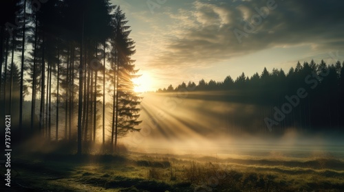 Photo of foggy forest with bright sunbeams. AI generated.