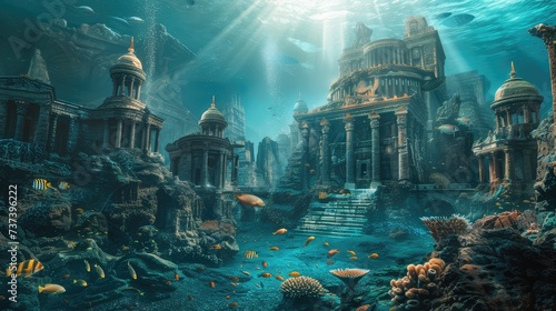 Photo of underwater Atlantis city ruins. AI generated.