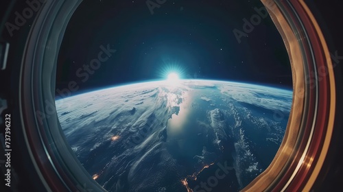 Sunset on Earth planet in spaceship porthole. AI generated.