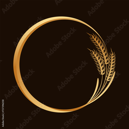 Spikelets of wheat, rye, barley, round frame. Gold badge, elegant design, vector
