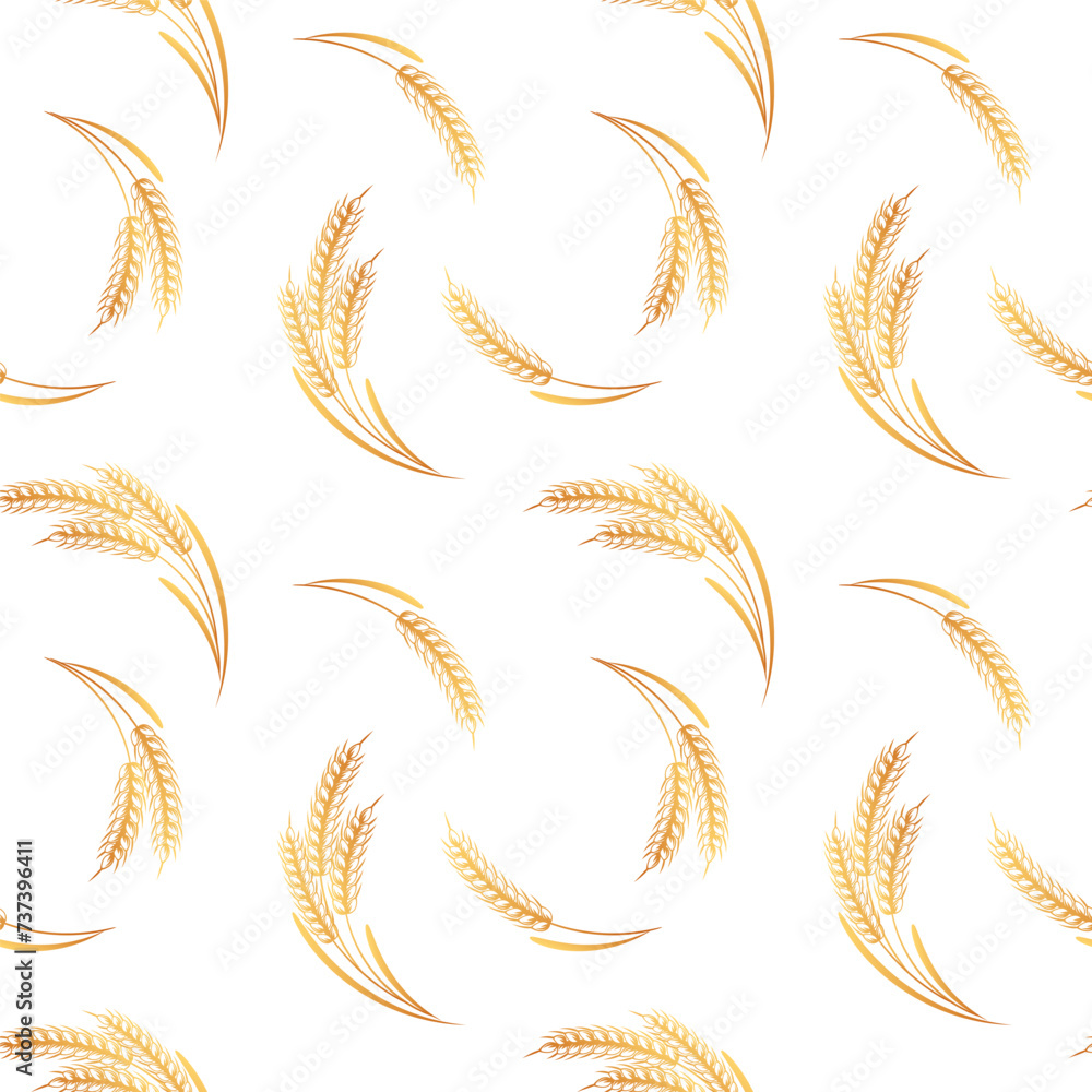 Seamless pattern, bouquets of spikelets of wheat, rye, barley, golden ears on a white background. Background, print, textile, vector Seamless pattern, bouquets of spikelets of wheat, rye, barley, golden ears on a white background. Background, print, textile, vector