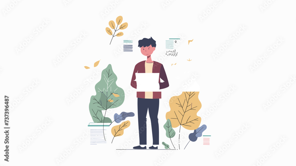 A boy standing with a laptop - Flat illustration 