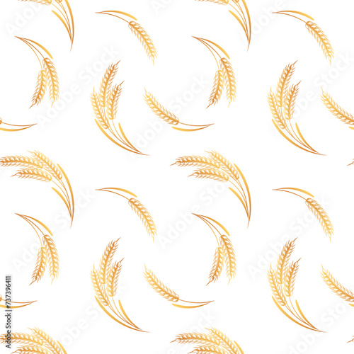Seamless pattern, bouquets of spikelets of wheat, rye, barley, golden ears on a white background. Background, print, textile, vector