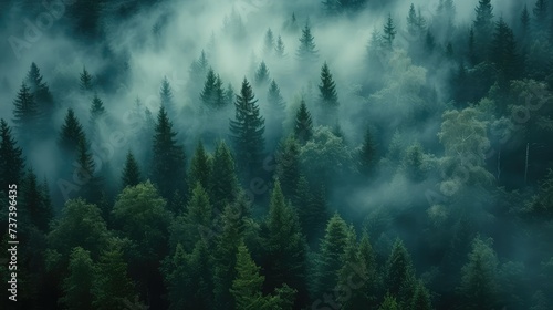Aerial view of foggy wild forest. AI generated.