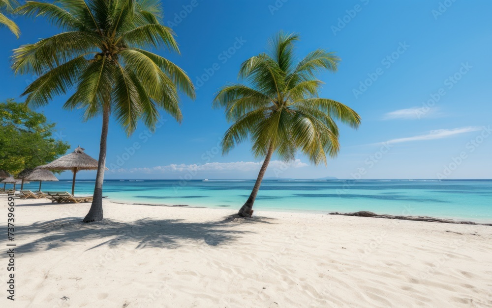 A photo of a beach with palm trees and a hut, capturing the essence of a tropical paradise.