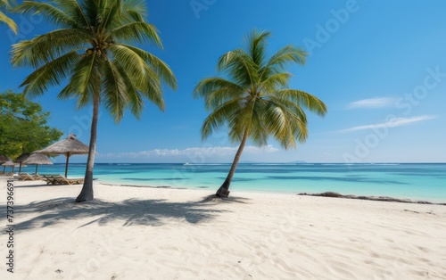 A photo of a beach with palm trees and a hut, capturing the essence of a tropical paradise. © Ihor