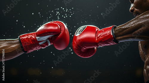 Two male hands in boxing gloves. Sports confrontation.Glove Touch Sportsmanship: Document the moment of sportsmanship as two boxers touch gloves at the start of a match, showing respect for each other © Ekaterina
