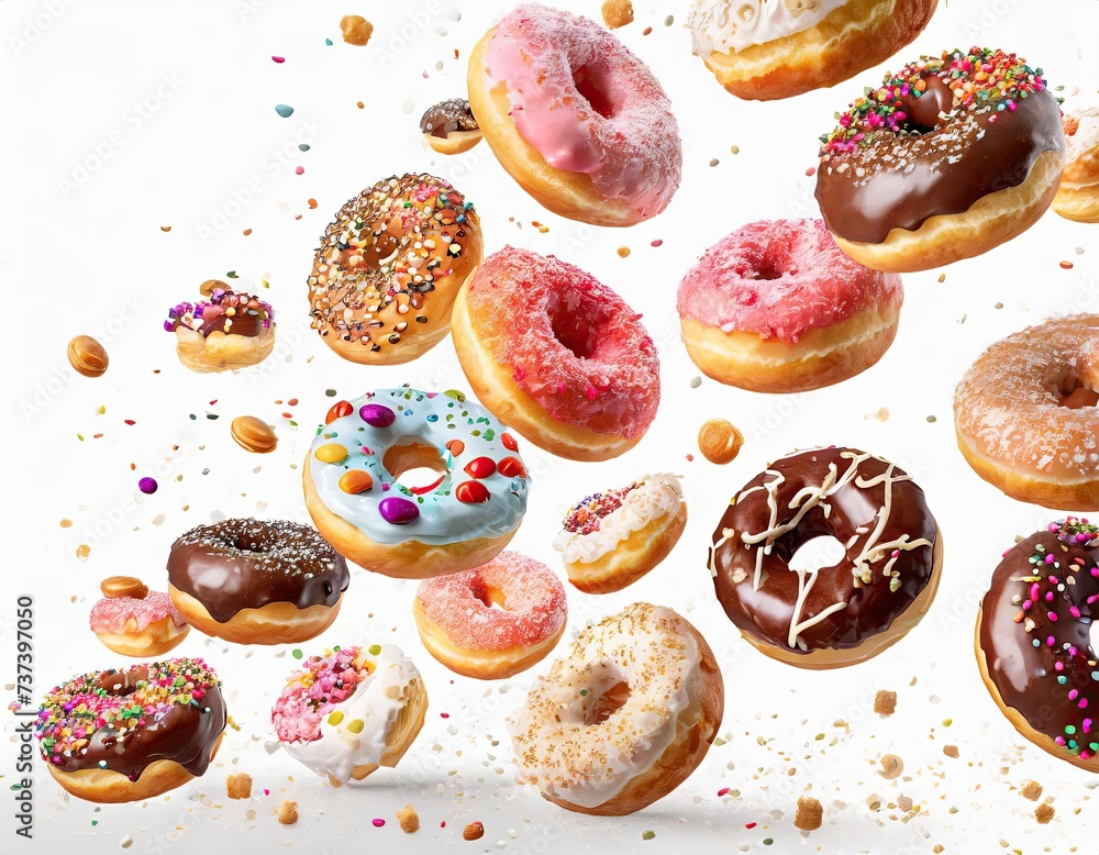 Donuts falling advertising shooting; a series of photos from above in flight with copy space, isolated on white background concept for fast food restaurant ads Donuts falling advertising shooting; a series of photos from above in flight with copy space, isolated on white background concept for fast food restaurant ads