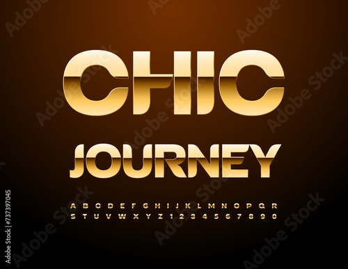 Vector elite sign Chic Journey. Elegant Alphabet Letters and Numbers set. Cool Gold Font.
