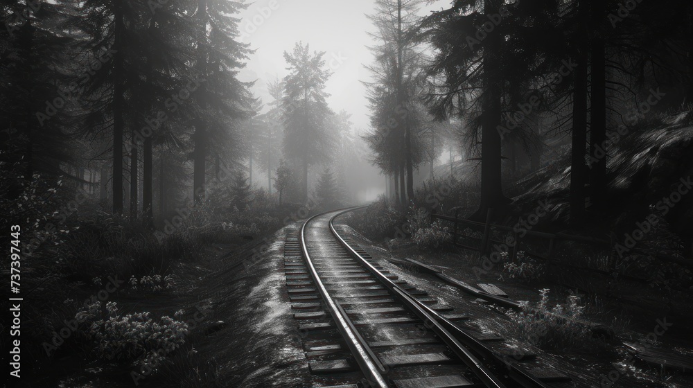 a black and white photo of a train track in the middle of a forest with trees on both sides of the tracks.