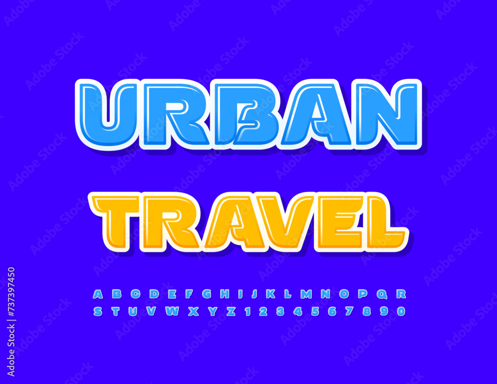 Vector touristic sign Urban Travel. Blue modern Font. Set of creative Alphabet letters and Numbers