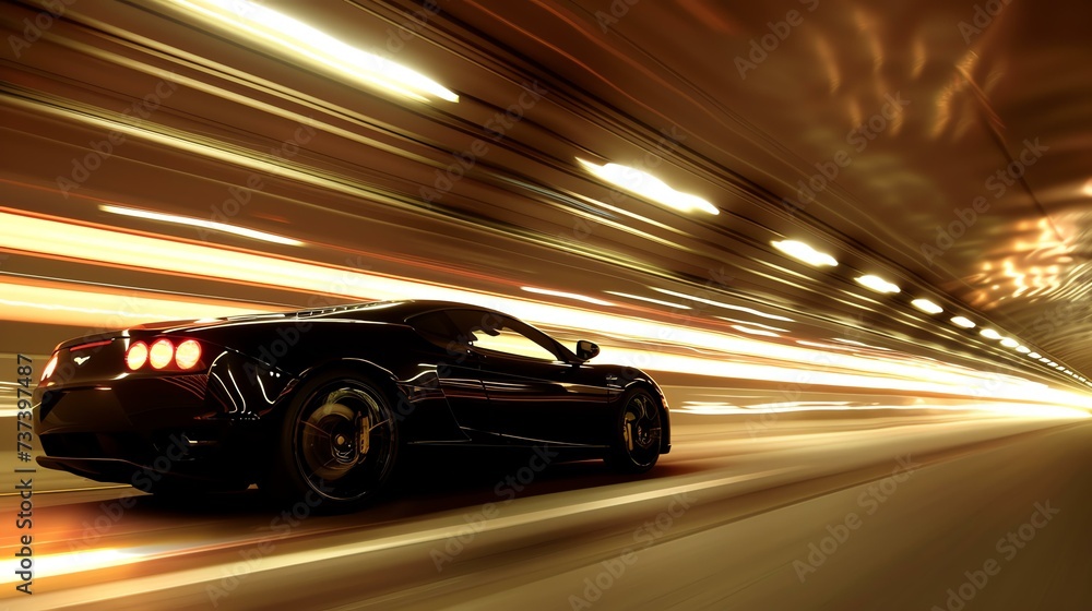 Black sports car speeding through tunnel, lights blurring, evoking intense sense of velocity and power.