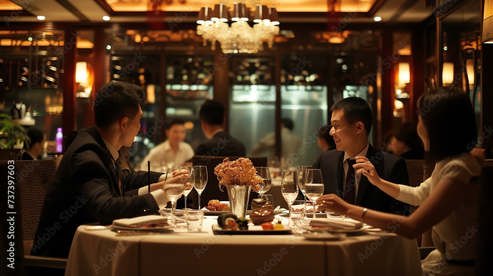 A group of professionals engrossed in a sophisticated business dinner at an upscale restaurant. The elegant ambiance, exquisite cuisine, and lively conversation create a captivating scene of