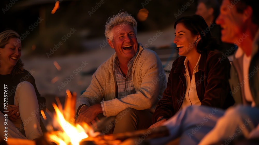 Friends gathered around a beach bonfire, their laughter echoing through the night as the warm glow of the flickering flames illuminates their happy faces.