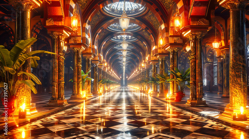 Historical Palace Corridor, Rich Cultural Heritage and Architectural Beauty, Illuminated Interior View photo
