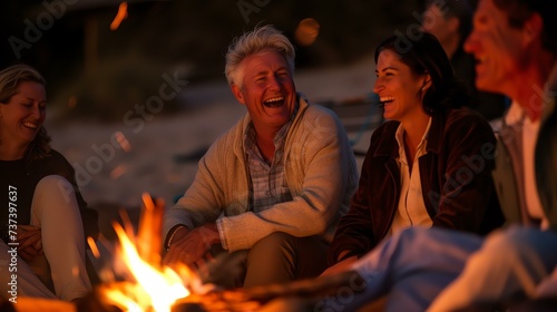 Friends gathered around a beach bonfire  their laughter echoing through the night as the warm glow of the flickering flames illuminates their happy faces.