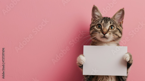 Tabby cat holds a blank white sign mock-up on pink background with copy space for text, template for vet clinic, pet store or adoption messages. photo