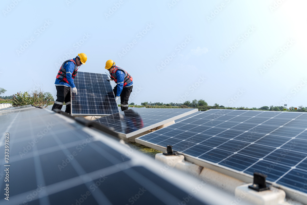 custom made wallpaper toronto digitalPhotovoltaic engineers work on floating photovoltaics. workers Inspect and repair the solar panel equipment floating on water. Engineer working setup Floating solar panels Platform system on the lake.