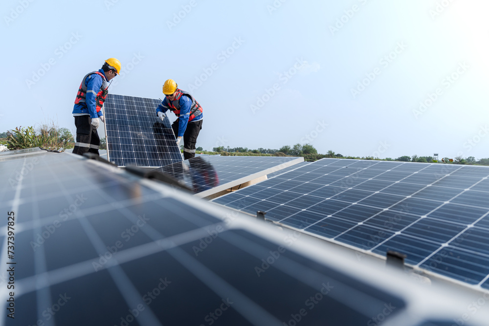 custom made wallpaper toronto digitalPhotovoltaic engineers work on floating photovoltaics. workers Inspect and repair the solar panel equipment floating on water. Engineer working setup Floating solar panels Platform system on the lake.