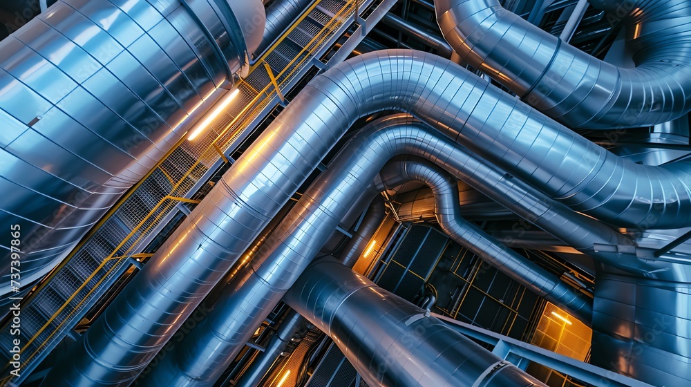 An intricate network of pipes and conduits entwined in a mesmerizing display of industrial complexity, showcasing the intricate workings of a bustling factory. Witness the engineering marvel