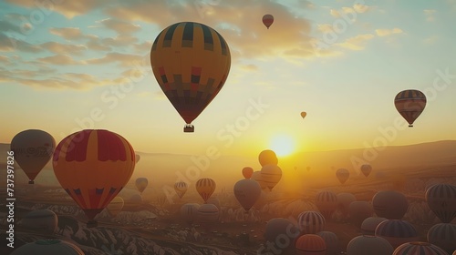 A breathtakingly beautiful hot air balloon festival at sunrise, showcasing a kaleidoscope of vibrant colors that will leave you in awe. Immerse yourself in the magical atmosphere and capture