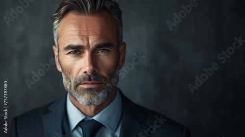 A powerful and charismatic CEO in his mid-40s exudes confidence and authority, his commanding expression leaving no doubt of his leadership prowess. With impeccably groomed hair and an air o photo