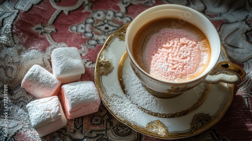 a cup of hot chocolate and marshmallows on a saucer on a tablecloth with a pattern.