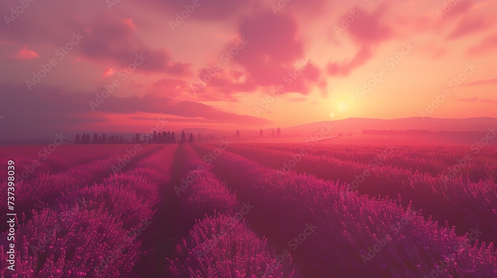 A mesmerizing lavender field at sunset; an ethereal blend of colors and gentle lighting evoking serenity and romanticism.