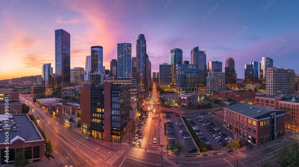 A stunning cityscape shines as the setting sun bathes the urban landscape in a mesmerizing golden light. The metropolis comes alive, bustling with activity as vibrant skyscrapers and vibrant