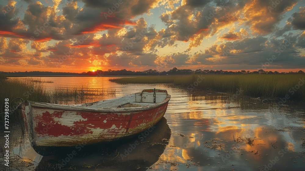 Obraz premium Marsh - old boat - sunset - golden hour - sunset - inspired by the sights of Charleston South Carolina 