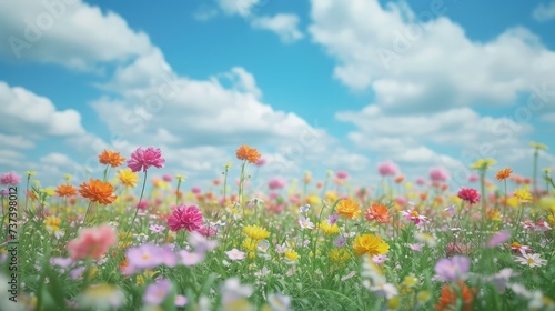 Beautiful photo of flowers blooming field. AI generated.