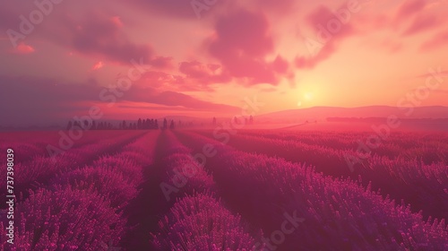 A mesmerizing lavender field at sunset; an ethereal blend of colors and gentle lighting evoking serenity and romanticism.