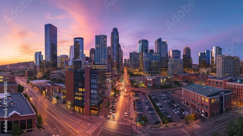 A stunning cityscape shines as the setting sun bathes the urban landscape in a mesmerizing golden light. The metropolis comes alive, bustling with activity as vibrant skyscrapers and vibrant