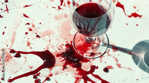 A stunning image captures the aftermath of a red wine disaster, as the crimson liquid elegantly pools on a pristine white surface, creating a captivating contrast. An unfortunate accident fr