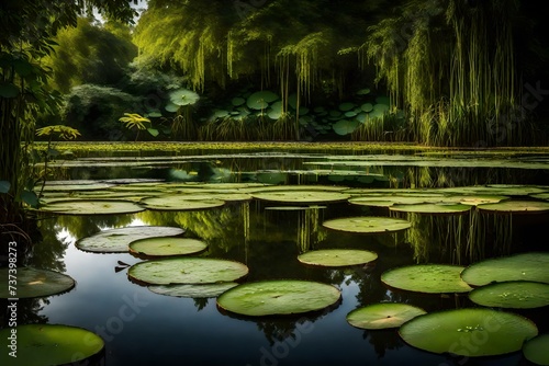 The tranquil beauty of a pond covered in lily pads, with reflections of the surrounding greenery.