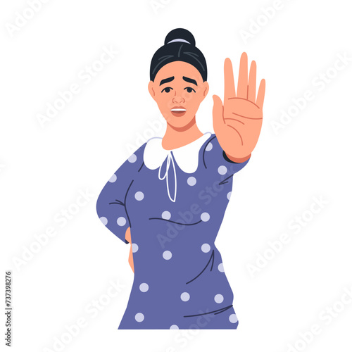 The girl shows a stop sign with her hand. A woman with an outstretched arm and an open palm. The concept of "Stop the violence". Vector illustration in flat style, isolated on a white background
