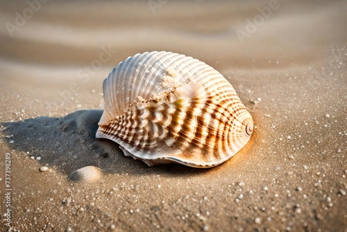 The intricate details of a seashell on a sandy beach, washed by gentle waves.