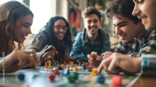 A cheerful group of friends gathered around a coffee table, engrossed in a lively board game session. Laughter fills the air as they strategize and enjoy each other's company, creating cheri