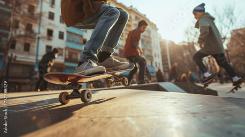 A vibrant snapshot capturing the essence of youth culture and freedom, as a dynamic group of teenagers showcase their skateboarding skills against an urban backdrop. The image radiates energ