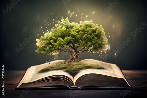plant tree growing on microchip on opened book