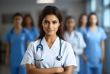 woman doctor portrait with a team in a hall of hospital