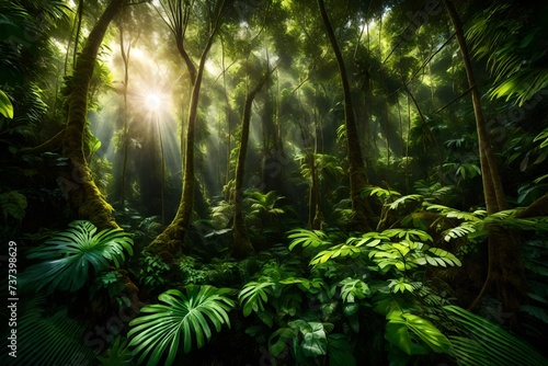 A lush, tropical rainforest with sunlight filtering through the dense canopy. © AR Arts