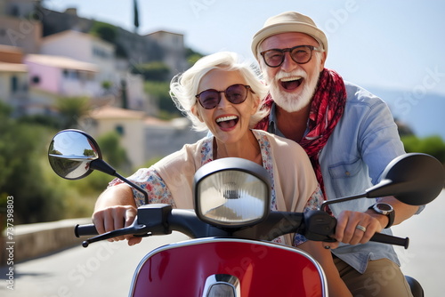 senior couple ride a scooter, travel concept